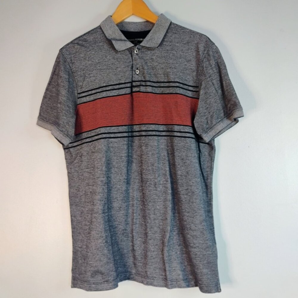 Banana Republic Heathered Gray Polo with Red Stripe 100% Organic Cotton Size M